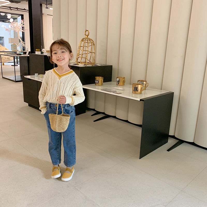 [Babycat] Hàng Có Sẵn Quần Jean Ống Rộng Lưng Cao Co Giãn Phong Cách Nhật Bản Hàn Quốc Mùa Thu Cho Bé Gái