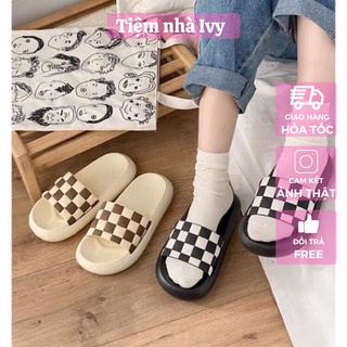 *ẢNH THẬT*Dép Bánh Mì Nam Nữ, Kiểu Dép Nữ Quai Ngang, Họa Tiết Caro Xinh Xắn, Đế Xốp Êm Chân 2 Màu Đen Trắng