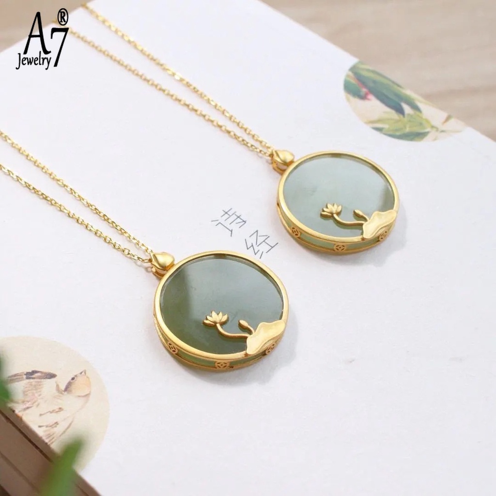 Dây Chuyền Mặt Tròn Hình Hoa Sen Đính Ngọc Bích Phong Cách Trung Hoa Cổ Điển S925