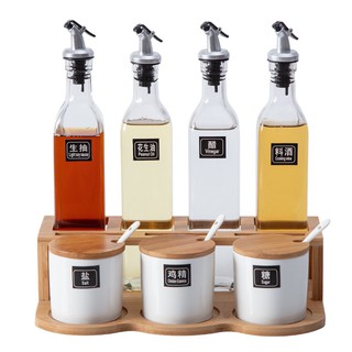 Bộ gia vị, set đựng gia vị gồm hũ sứ và chai dầu 7 món, Bộ gia vị kèm chai đựng dầu, đồ dùng nhà bếp