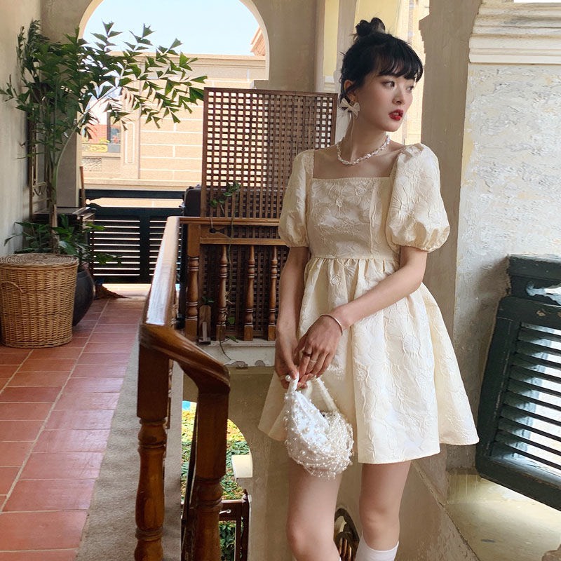 Váy cổ vuông - Váy gấm tay bồng thắt nơ lưng phong cách cổ điển Bun Shop20