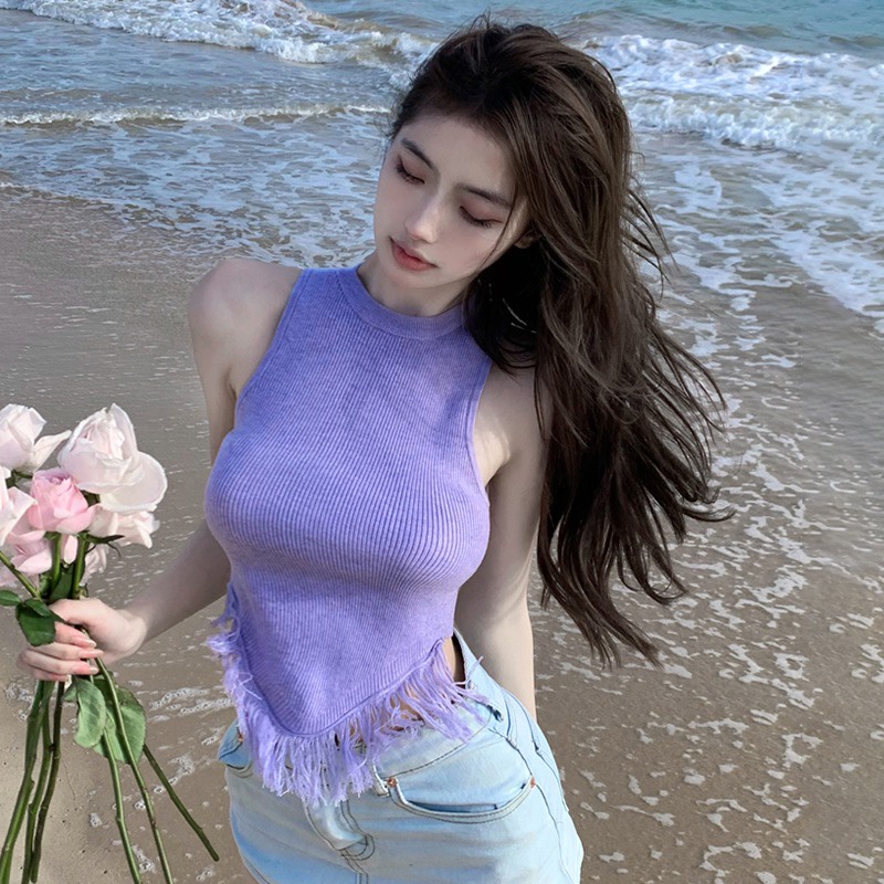 Áo Croptop Dệt Kim Sát Nách Thiết Kế Tua Rua Độc Đáo