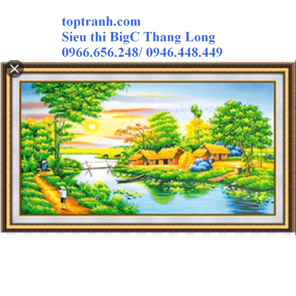 Tranh thêu chữ thập phong cảnh làng quê yên bình, cánh đồng lúa chín 89005 chưa thêu