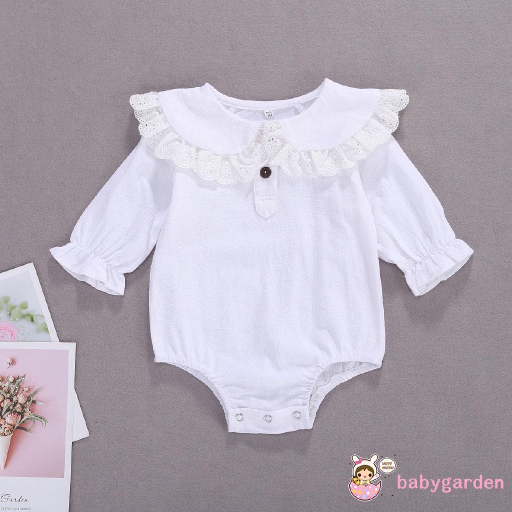 Áo liền quần cổ bèo dài tay dành cho bé gái từ 0-24 tháng tuổi