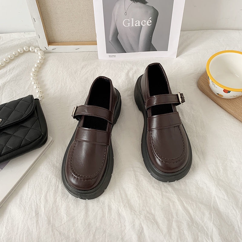 Giày da Mary Jane đế cao dáng ôm chân màu đen phong cách retro Anh Quốc cho nữ N03F