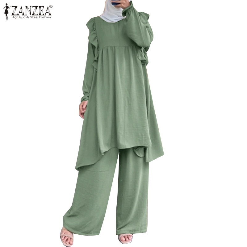 Zanzea Set Áo Kiểu Dài Tay Cổ Tròn + Quần Dài Ống Rộng Thời Trang Nữ