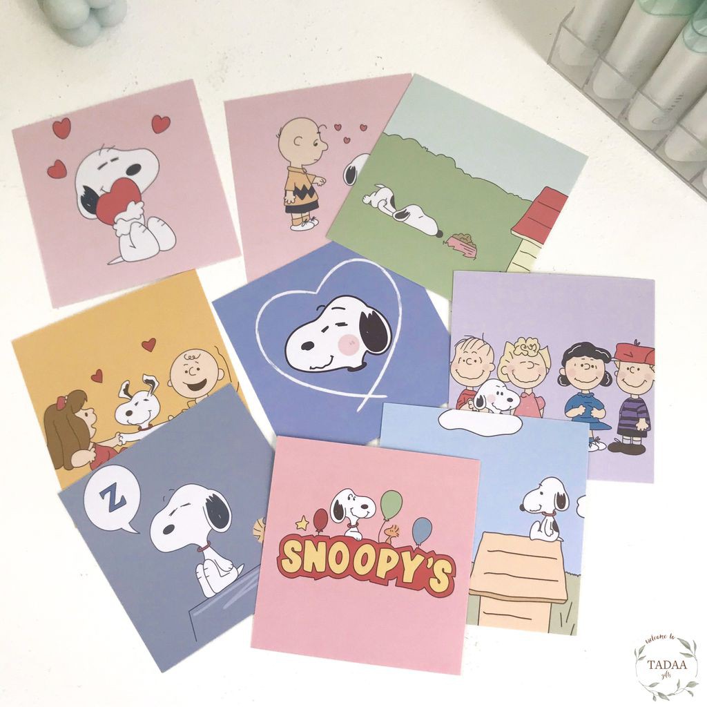 Set 9 postcard hoạt hình Snoopy &amp; Friends dễ thương màu pastel trang trí tường