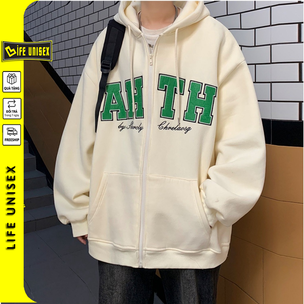 Áo Khoác Nỉ AHTH BE Nam Nữ Ulzzang Unisex Tay Rộng, Áo Khoác Dây Kéo Form Rộng- Life Unisex