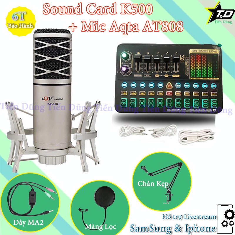 Combo mic thu âm kiêm karaoke Aqta AT808 và sound card K500 có bluetooth Auto-tune đi dây ma2 kèm chân kẹp màng lọc