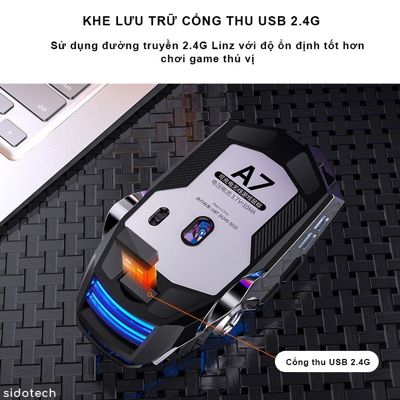 Chuột Máy Tính Gaming Không Dây SIDOTECH S7A Chơi Game Không Độ Trễ Chống Ồn Sạc Pin LED RGB - Hàng Chính Hãng