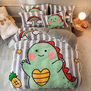 Set 4-5 Món Chăn Ga Nỉ Nhung Khủng Long kẻ