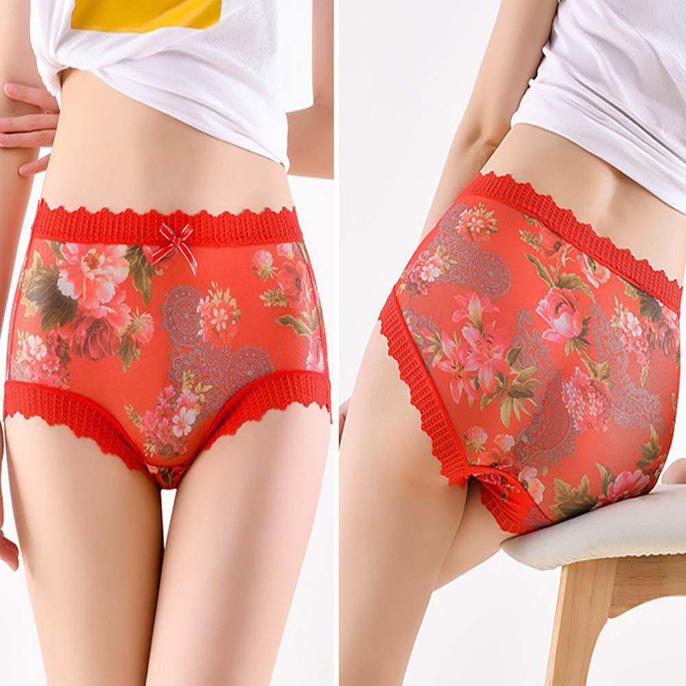 Quần Lót Cotton Lụa Phối Lưới Thoáng Khí Lưng Vừa Họa Tiết Hoa Phong Cách Hàn Quốc Cho Nữ