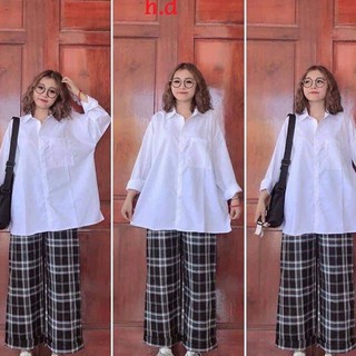 Bộ Set Quần Kẻ Caro Vải Thô Mềm Kèm Áo Sơ Mi Trắng Hit Hot y6