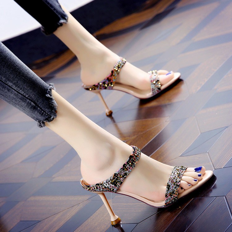 Dép cao gót 3.15 inch đính đá thiết kế thời trang cho nữ size 34-39