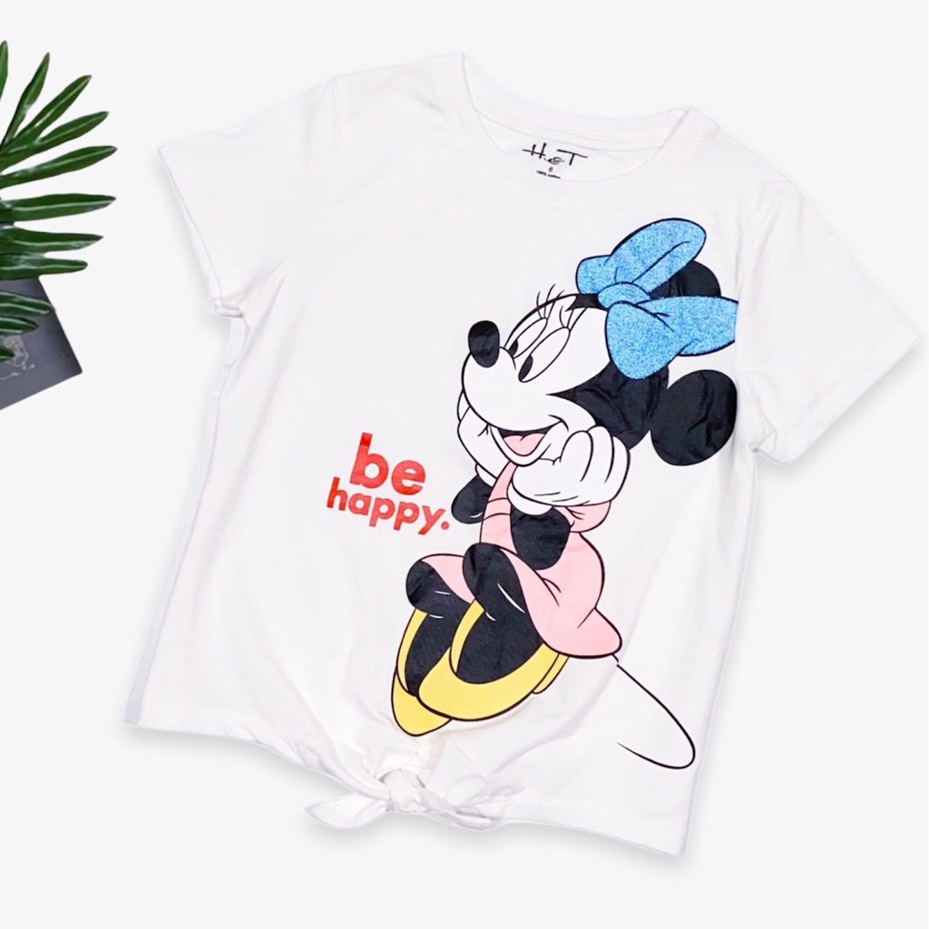 Áo thun cotton buộc dây in mickey nơ bé gái