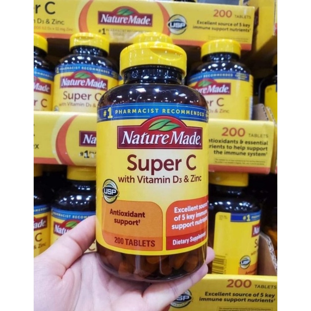 [Date 2026)VIÊN UỐNG TĂNG CƯỜNG HỆ MIỄN DỊCH NATURE MADE SUPER C WITH VITAMIN D3 & ZINC  chai 200 VIÊN