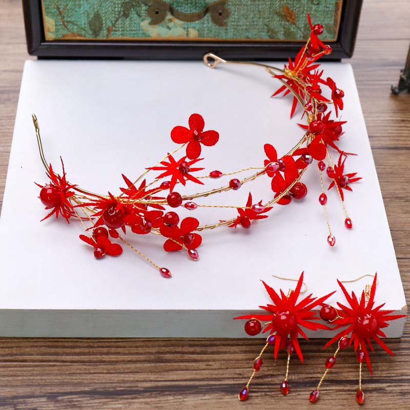 Cài tóc hợp kim thiết kế hoa đỏ phong cách Trung Hoa cổ điển cho cô dâu