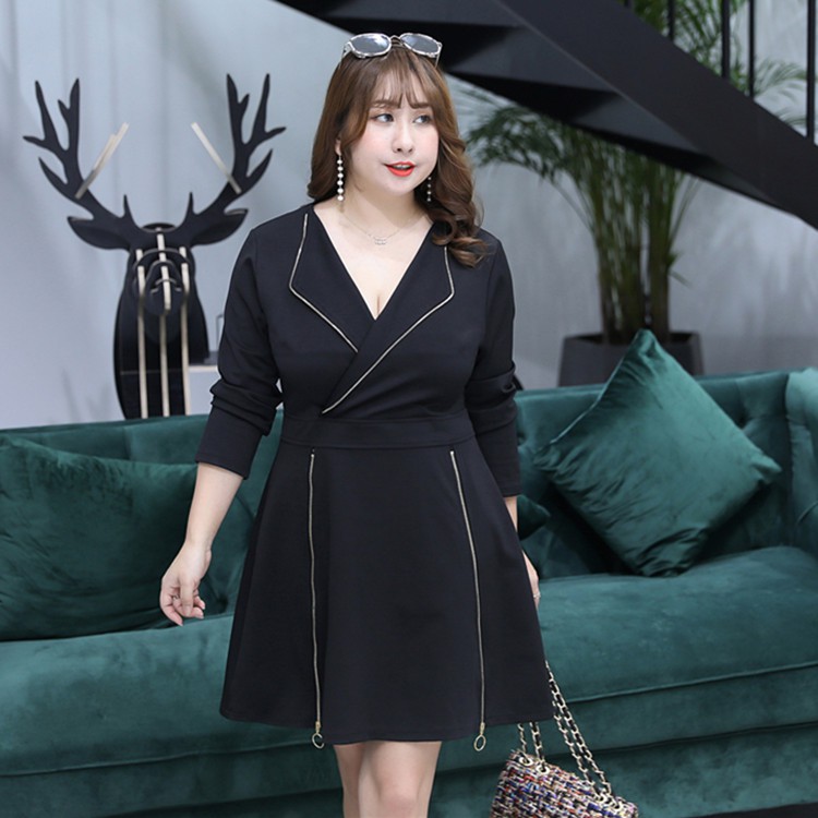 Váy cổ vest khóa 2 bên vạt cho người béo mập