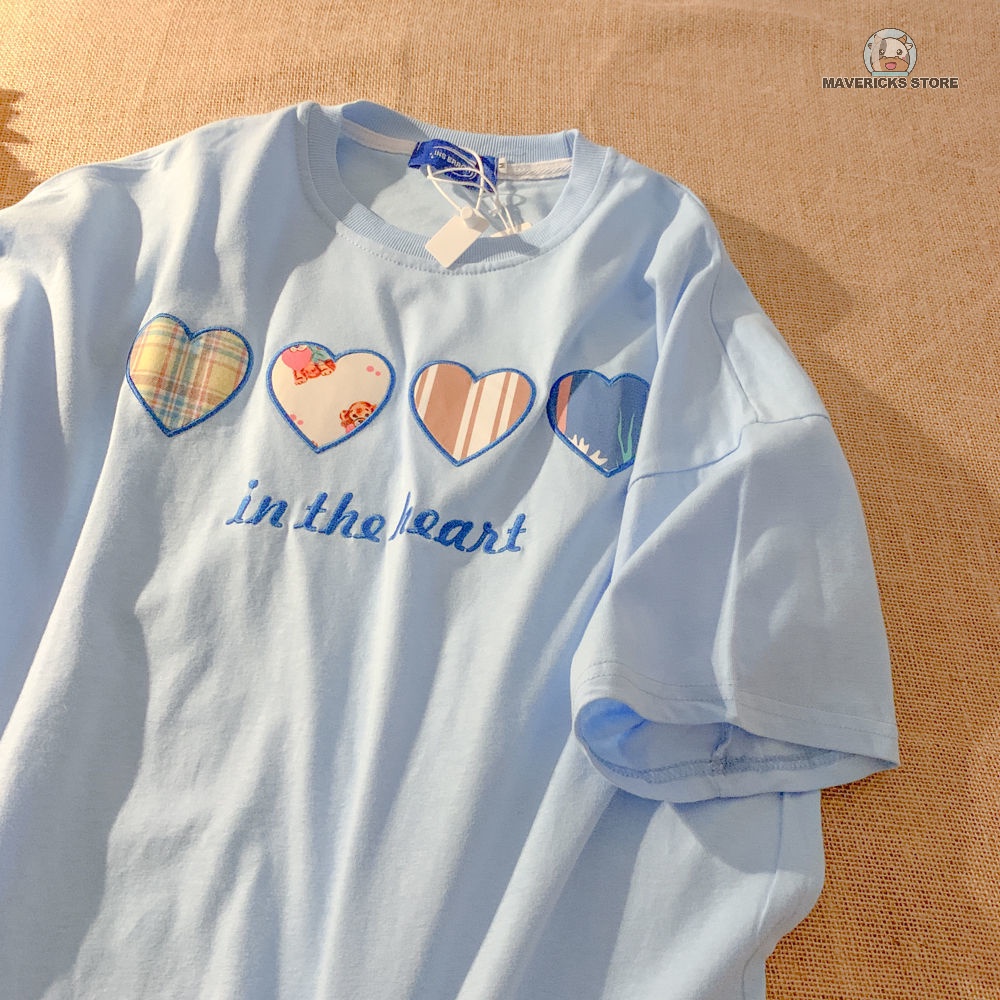 Áo Thun Cotton Tay Lửng Thêu Họa Tiết Trái Tim Xinh Xắn Cho Nữ