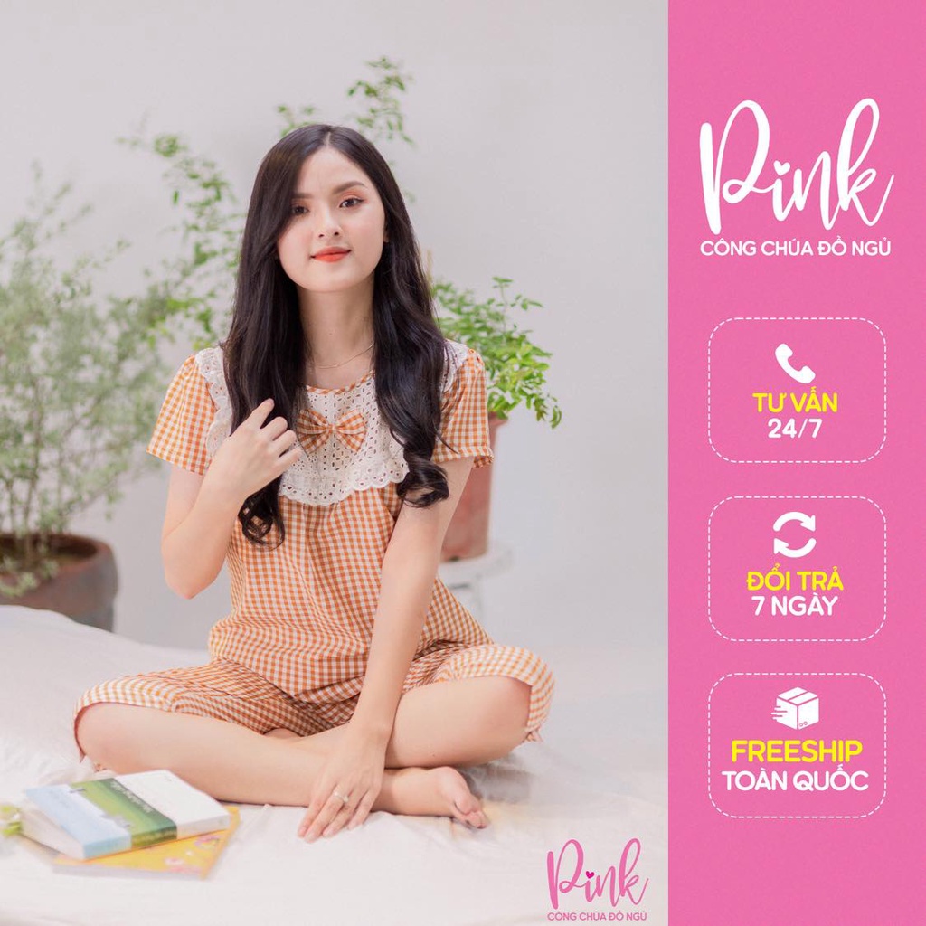 Pijama Ngủ Caro Màu Cam Tay Ngắn Vải Kate Siêu Cấp Đồ Ngủ Nữ Thoáng Mát Phong Cách Trẻ Trung Thanh Lịch Nữ Tính
