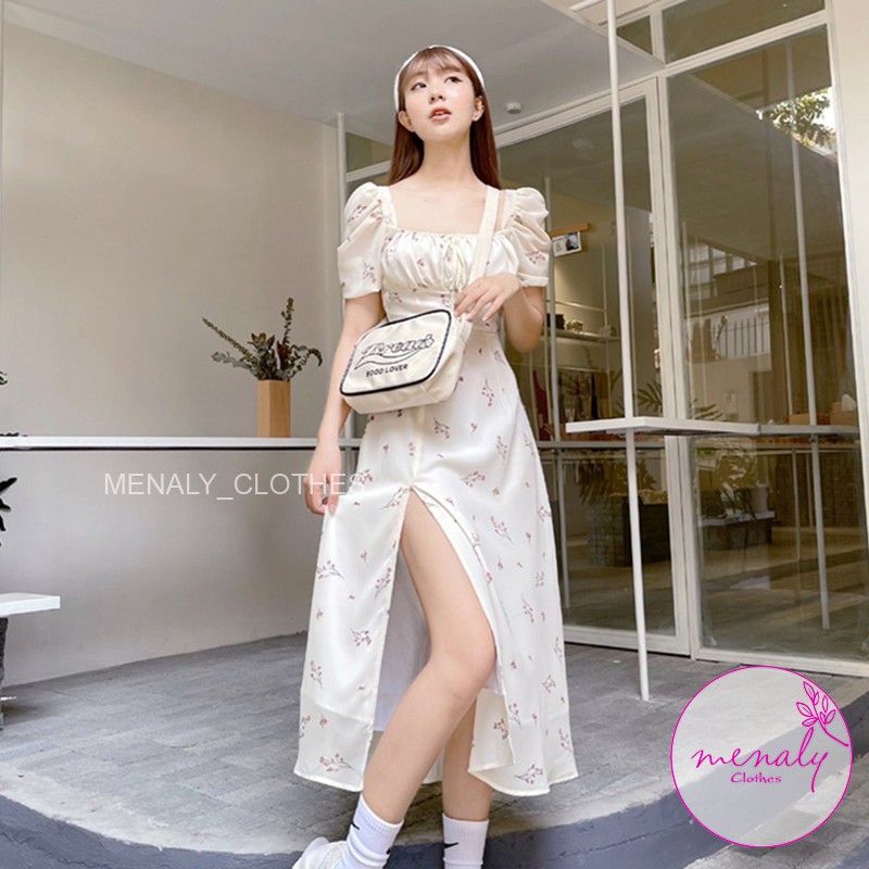 Váy đầm nữ vintage hoa nhí cổ vuông tay bồng VH045