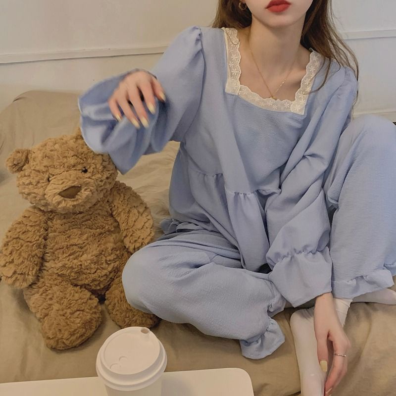 Bộ Đồ Ngủ Tay Dài Cổ Vuông Phối Ren Thiết Kế Mới Thời Trang Dành Cho Mùa Xuân Thu