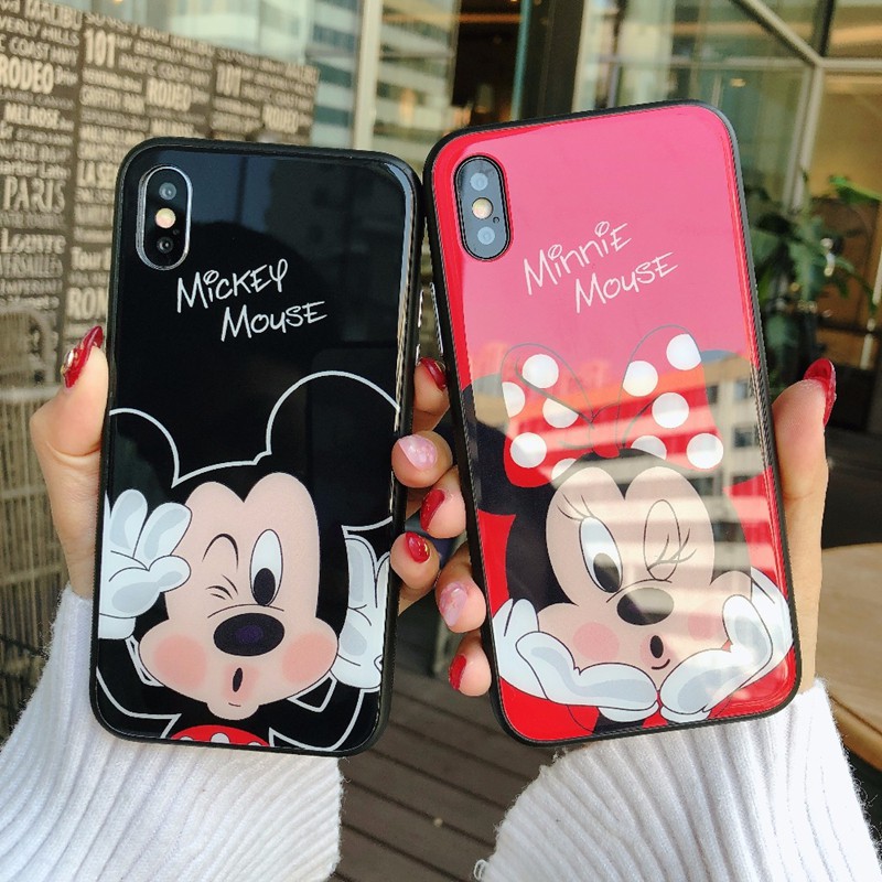 Ốp lưng kính cường lực in hình chuột Mickey / Minnie xinh xắn cho OPPO F7