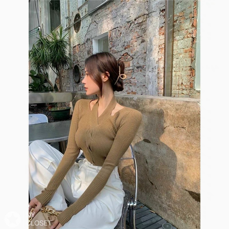 [Quà tặng là dây buộc tóc] [Hàng QC L1] Áo len cổ chéo xoắn ngực, Áo len dài tay nữ xoắn cổ phong cách Hàn Quốc -Hinhin | BigBuy360 - bigbuy360.vn