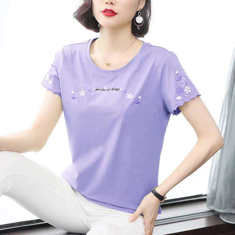 Áo Thun cotton Cổ Tròn Dáng Rộng Thêu Họa Tiết Đơn Giản Thời Trang Mùa Hè Cho Nữ Trung Niên