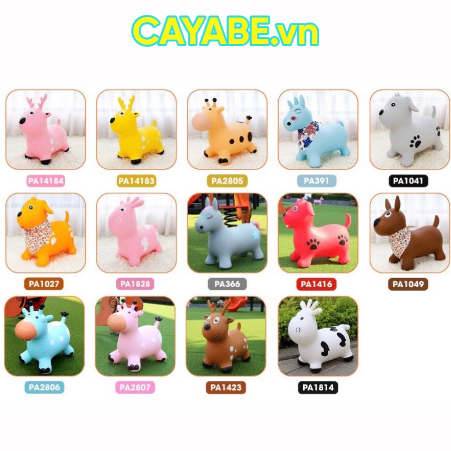 Thú nhún bơm hơi cho bé CAYABE hình bò sữa, kỳ lân, cún con, hươu, tuần lộc, lừa con trắng - hồng - vàng - xanh - đỏ