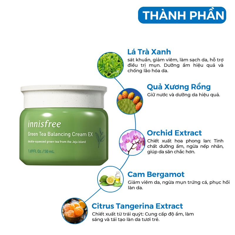 Kem dưỡng ẩm - Kem dưỡng trắng da chống lão hóa da Innisfree Green Tea Cream EX Hàn Quốc 50ml