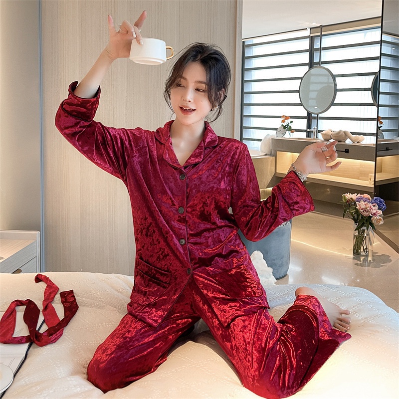 Bộ Đồ Ngủ Chất Nhung Màu Trơn Đơn Giản Thời Trang Thu Đông Phong Cách Hàn Quốc Cho Nữ