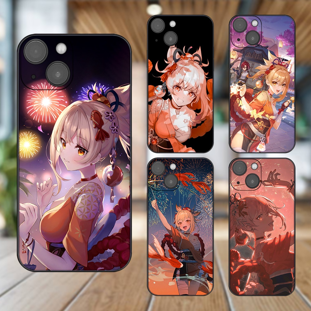 Ốp lưng iPhone 13 dẻo đen cạnh vuông in hình Yoimiya Genshin Impact