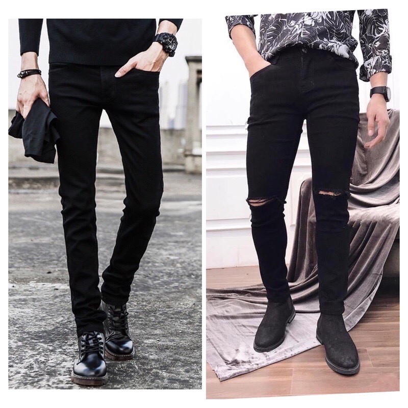 Quần bò nam skinny rách 2 gối denim, Quần jean ống côn dáng bó cao cấp mềm mịn, co dãn 4 chiều, slim fit