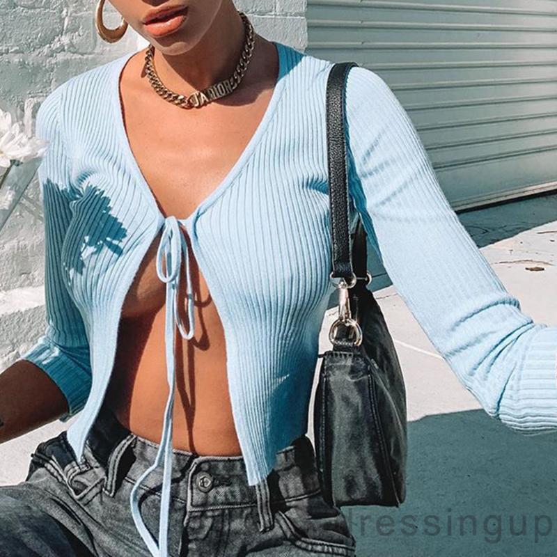 [Mã FAMAYWA giảm 10K đơn 50K] Áo dệt kim tay dài quyến rũ cổ chữ V màu trơn cho nữ | BigBuy360 - bigbuy360.vn