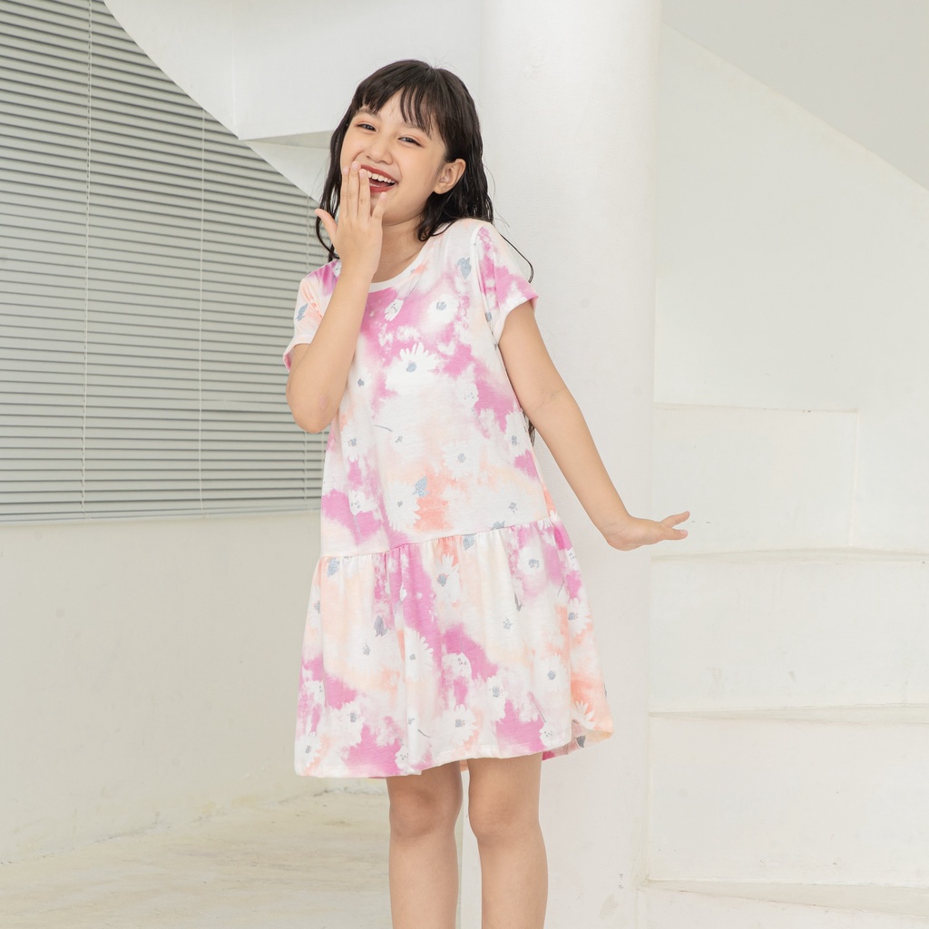 Đầm bé gái size đại, vải hồng loang kim tuyến, từ 20-40 kg, Váy bé gái tay ngắn 100% cotton, KYO293, K9