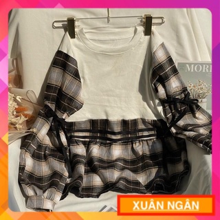 Áo baby doll caro cột nơ tay .ảnh thật