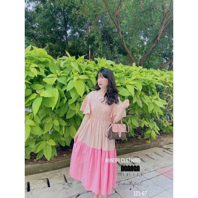 Đầm midi hồng phối nhún