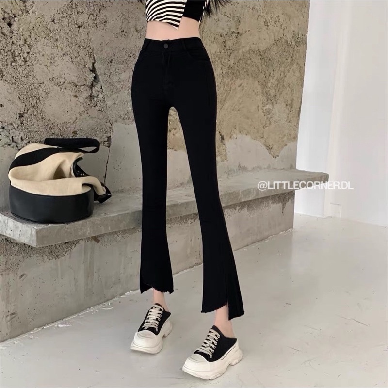 Quần jeans ống loe xẻ gấu kiểu màu đen lưng cao quảng châu co dãn