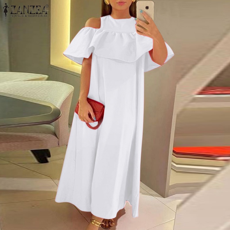 Đầm Zanzea dài dáng rộng hở vai phối bèo thời trang cho nữ