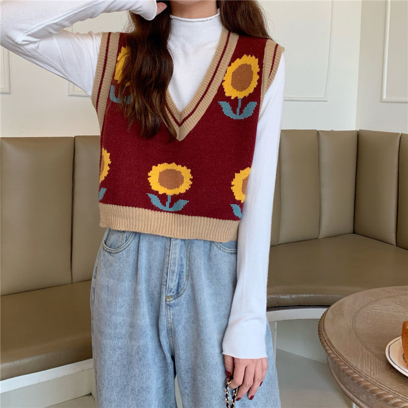 Áo gile dáng rộng họa tiết hoa hướng dương phong cách retro Hàn Quốc cho nữ