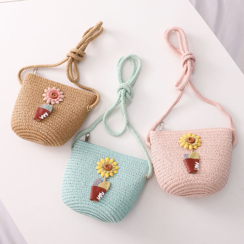 Túi xách đeo vai đan cói họa tiết hoa nhỏ đáng yêu thời trang du lịch dành cho trẻ