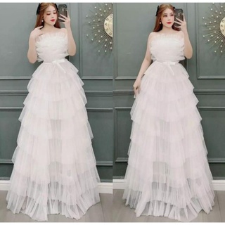 Đầm maxi lưới tầng xòe 2 dây cột nơ eo hàng thiết kế