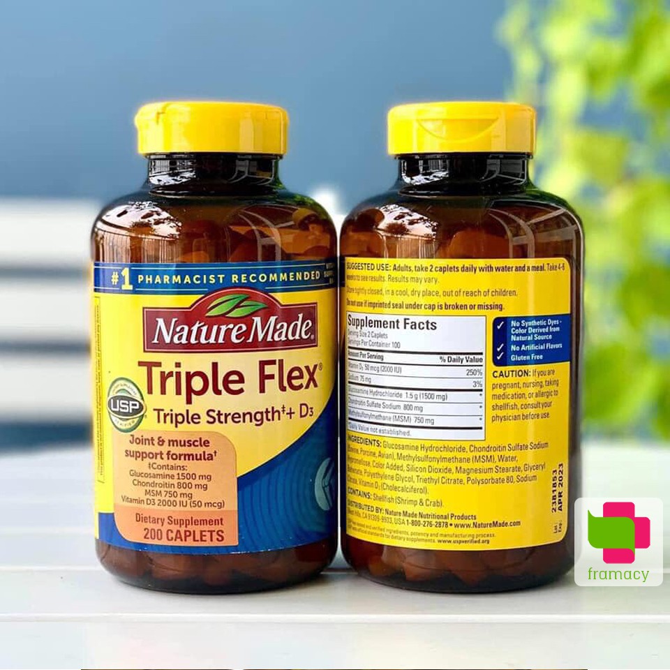 Viên bổ khớp toàn diện Nature Made Triple Flex Glucosamine, Chondroitin, MSM và D3, Mỹ (200v) cho người từ 18 tuổi