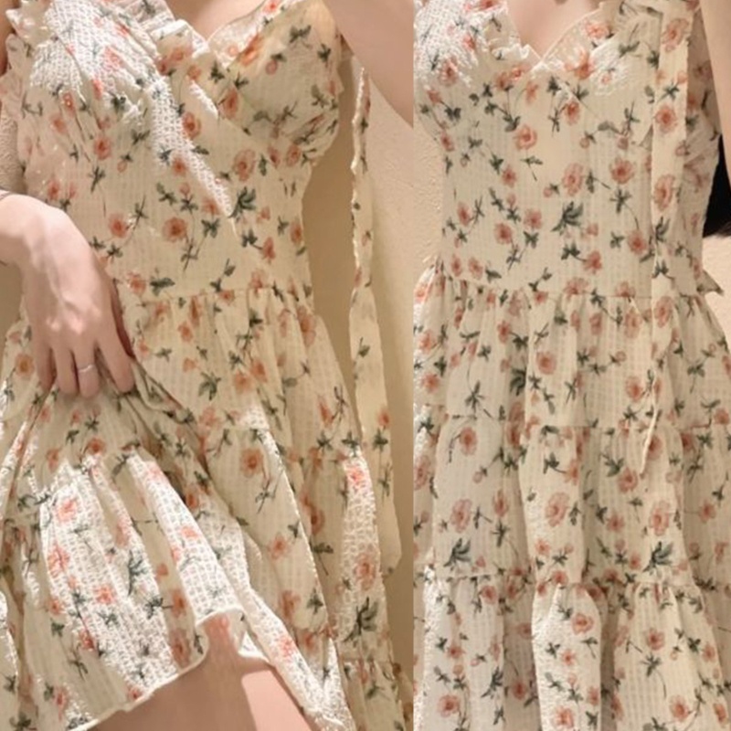 Đầm Chữ A Hai Dây Cổ Chữ V In Họa Tiết Hoa Phong Cách Vintage Thời Trang Mùa Hè Dành Cho Nữ