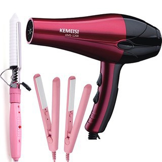 Máy sấy tóc 2 chiều công suất 2000W KEMESI+ Máy làm xoăn trục sứ+ Máy là tóc mini+ Máy dập xù mini