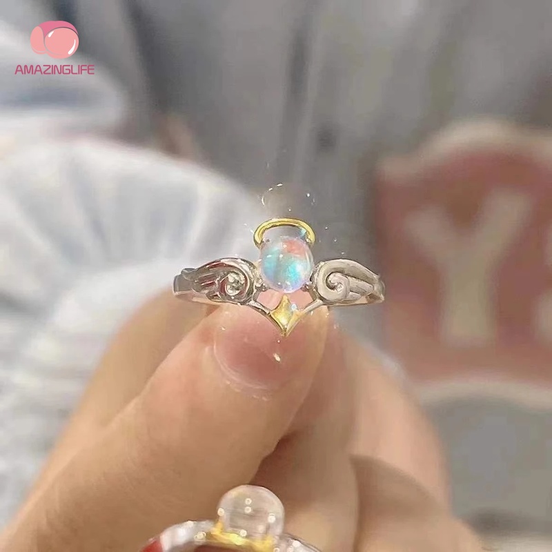 [Amazinglife] Nhẫn Cặp Đôi Đính Đá Mặt Trăng / Nhẫn Mở Điều Chỉnh Được Lãng Mạn Thời Trang Đám Cưới Cầu Hôn Nam Và