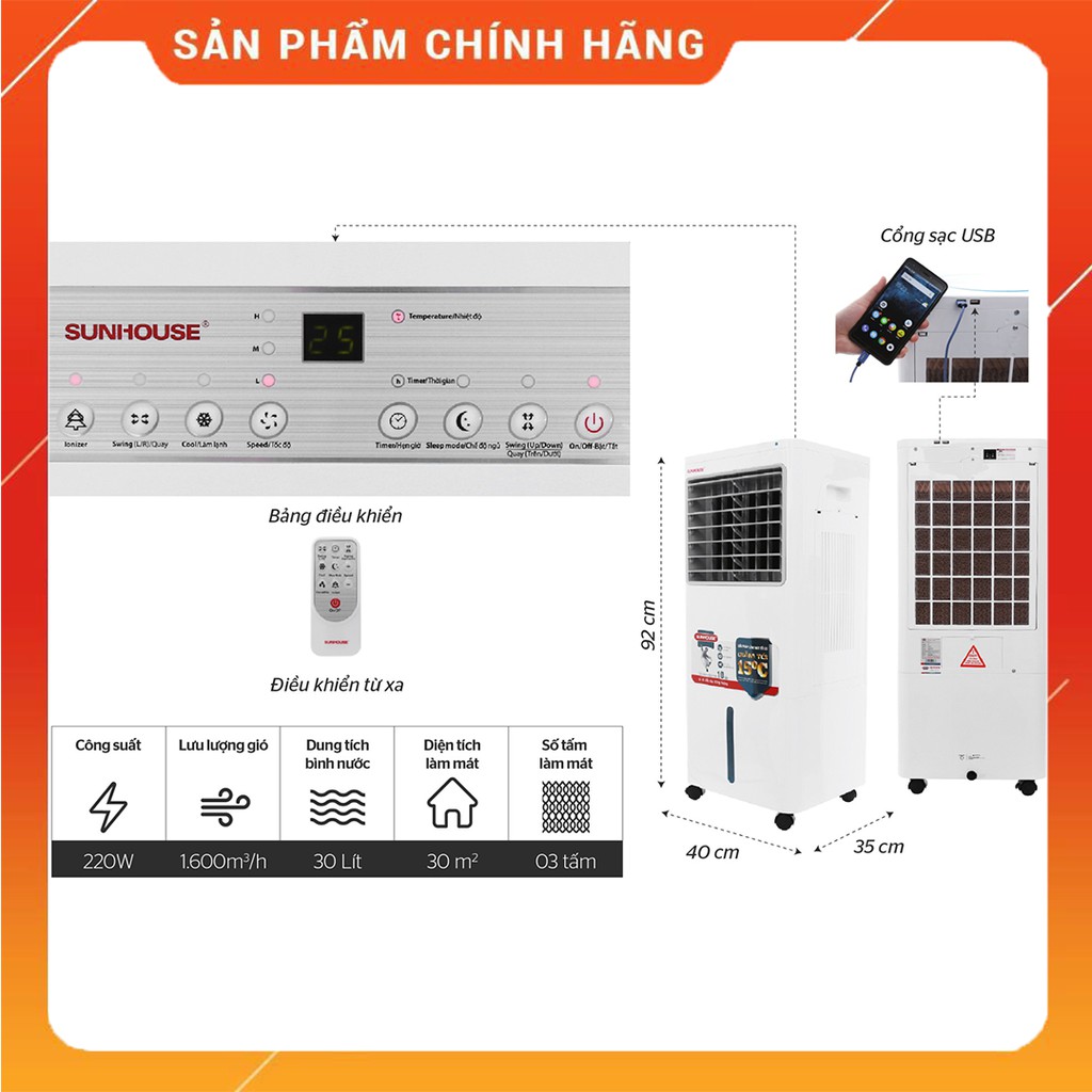 Quạt Điều Hoà, Máy Làm Mát Không Khí SUNHOUSE SHD7721, Siêu Bền, Tuổi Thọ Cao