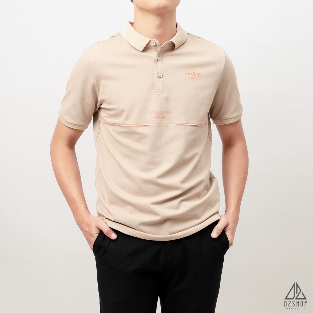 Áo thun polo nam D2shop, áo polo nam viền ngực phối chỉ đỏ mo&mi, màu be