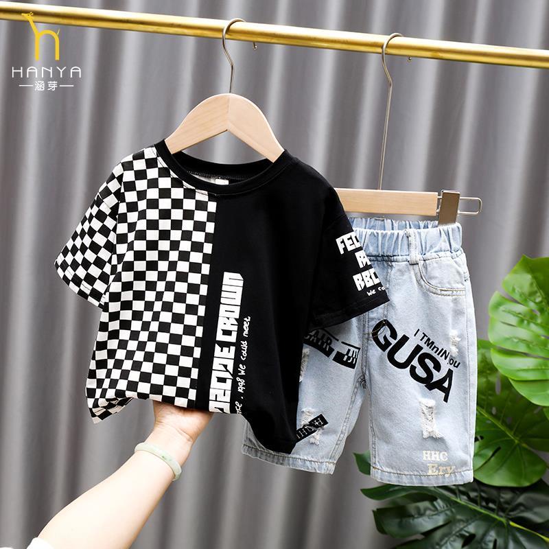 Set Áo Sơ Mi Tay Ngắn Kẻ Sọc Caro + Quần Short Denim Năng Động Thời Trang Hè Cho Bé Trai